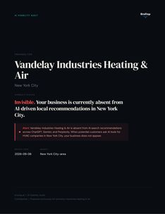 Cover of the sample AI Visibility Audit, prepared for Vandelay Industries Heating & Air in New York City, report date 2026-09-06. The visibility status reads Invisible: the business is currently absent from AI-driven local recommendations in New York City. An alert adds that it is absent from AI search recommendations across ChatGPT, Gemini and Perplexity, and that when potential customers ask AI tools for HVAC companies in New York City the business does not appear.