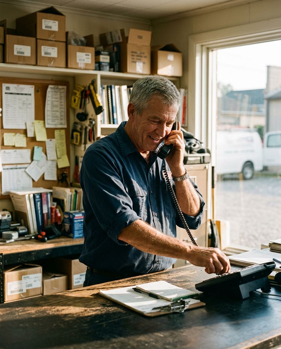 A grey-haired man in a navy work shirt smiles as he answers a corded phone at the counter of a small trade shop, shelves of boxes and tools behind him and a white van outside the window.