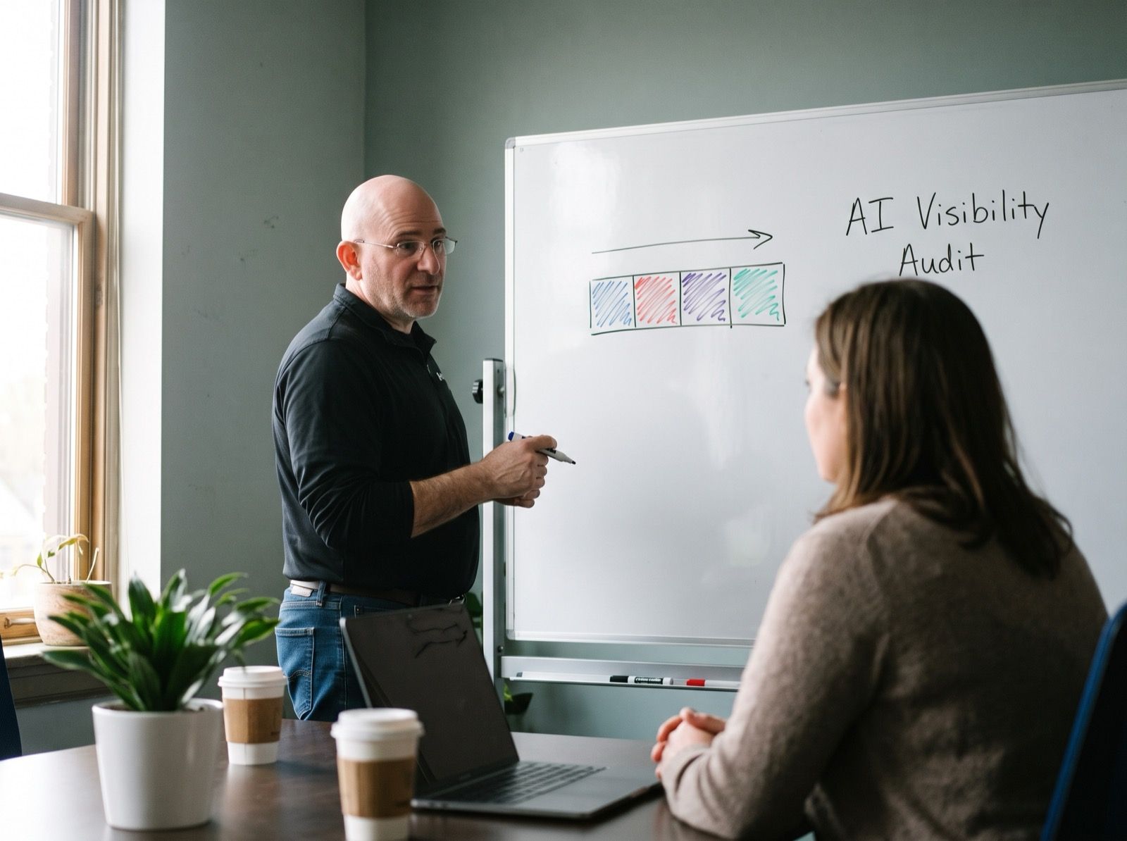 Mark at a whiteboard, explaining the score. The board reads AI Visibility Audit above a row of four coloured bands, and a person seen from behind listens at the table.